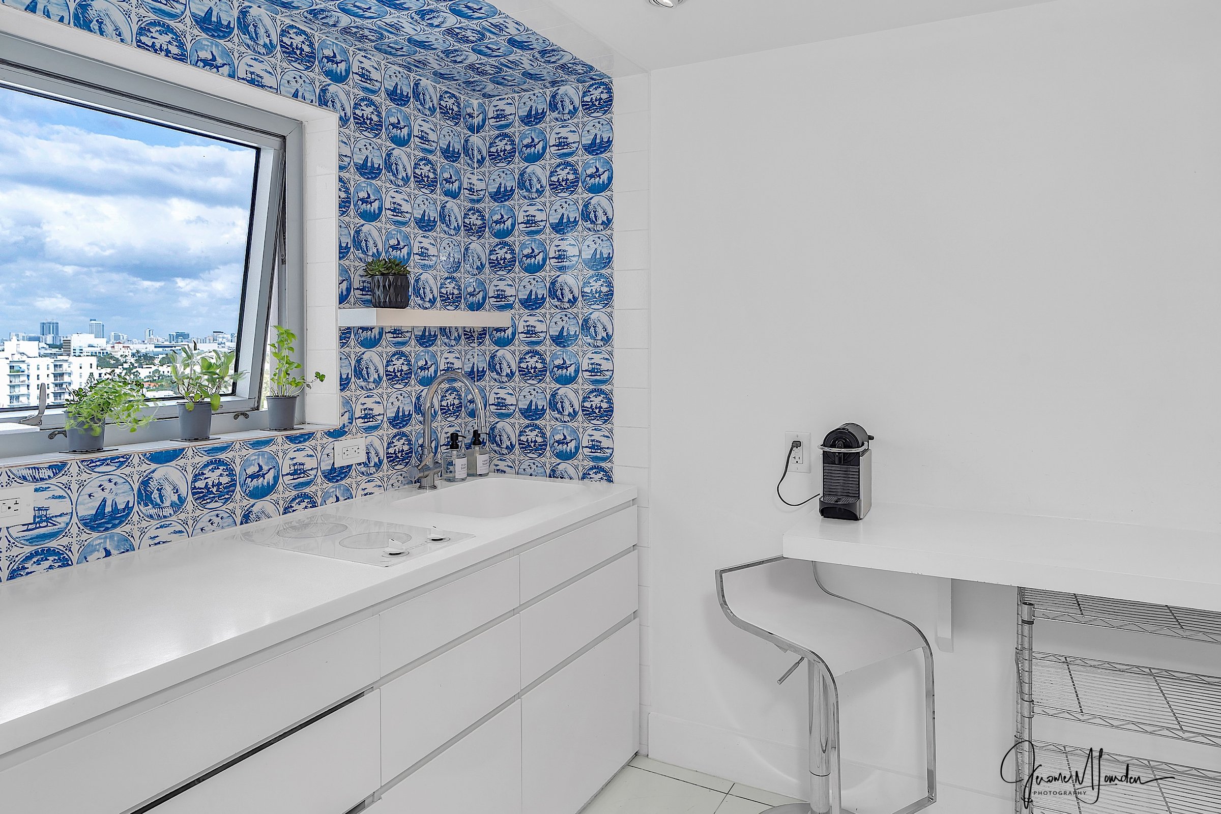 Kitchen with stunning Dutch Delft blue tile backsplash, white cabinets, herbs on windowsill